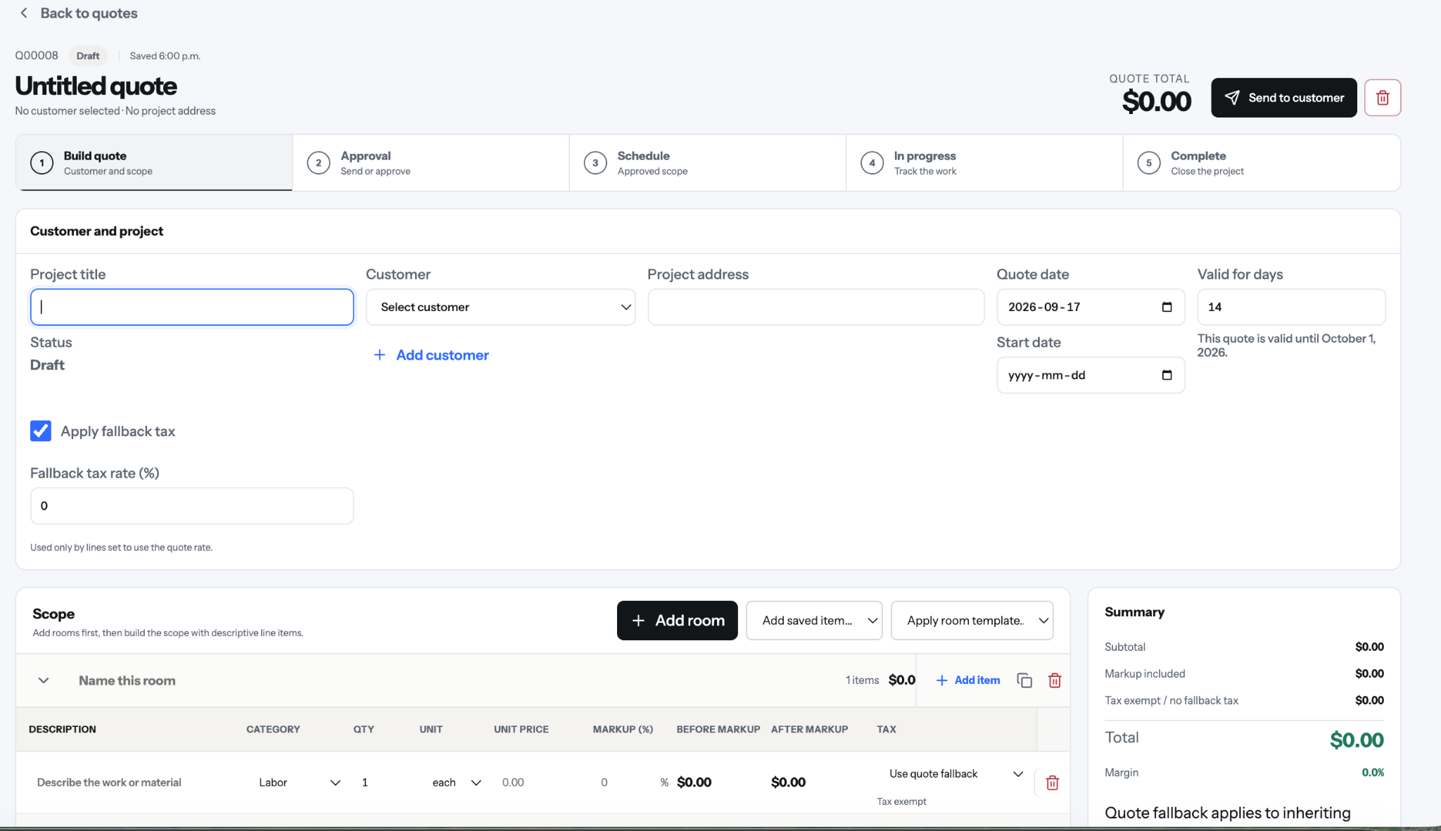 Bruscore quote builder with project details, customer information, scope items and job totals