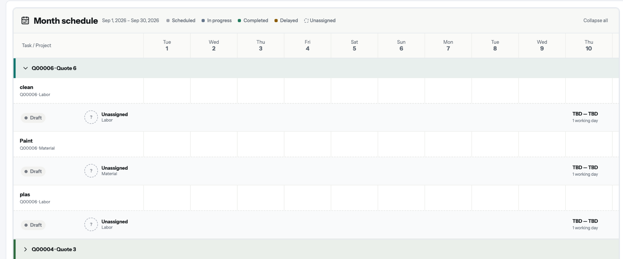 Bruscore month schedule showing project tasks, assignments and work status